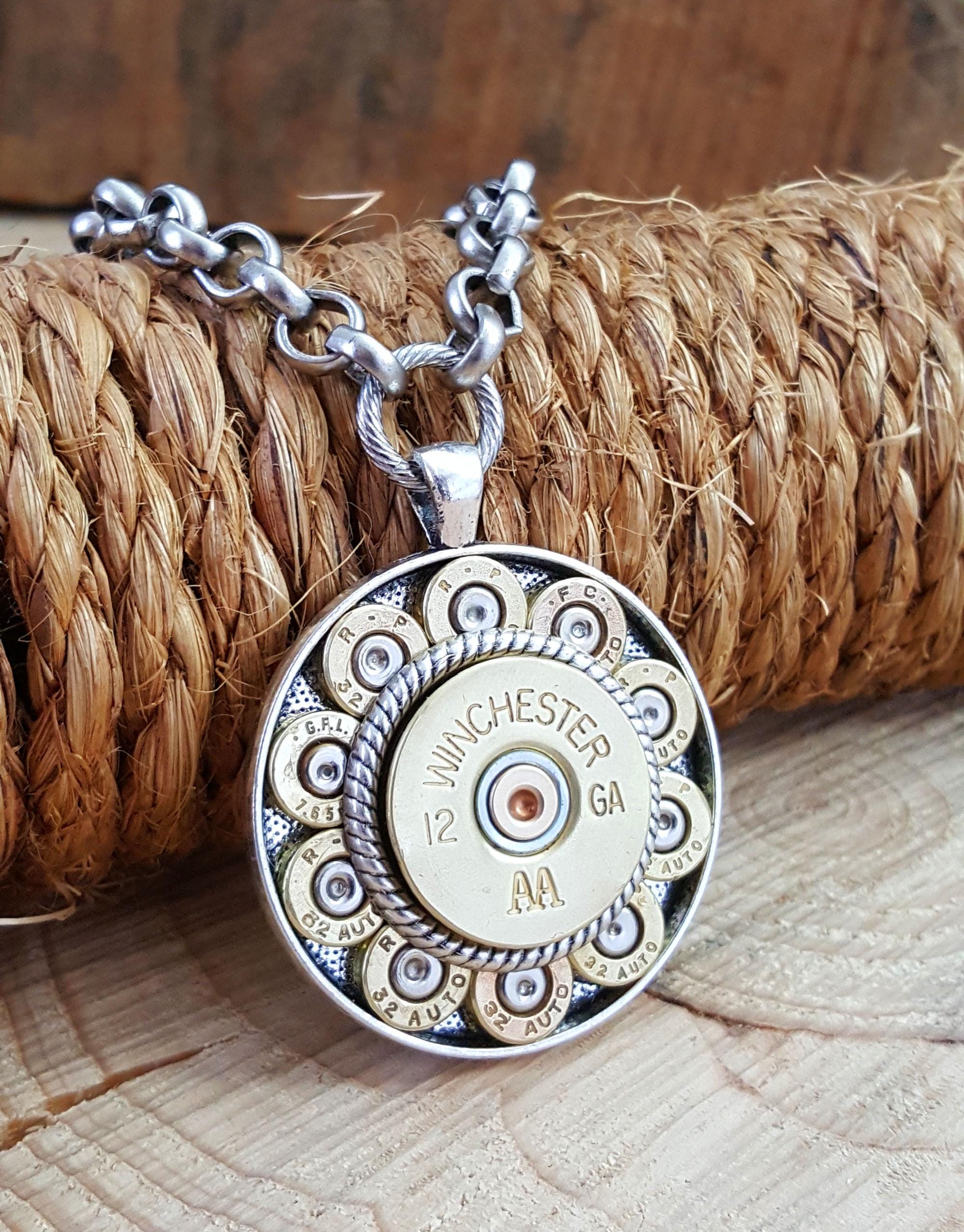 Bullet Jewelry - Ricochet Round Necklace - Shotshell & Bullet Casing Round Medallion Statement Necklace   BEST SELLER - Bold Jewelry Designs