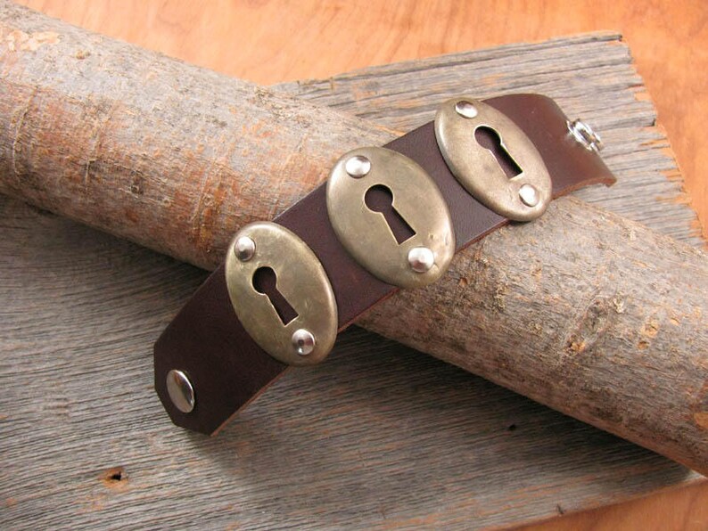 SPECIAL 20/% OFF Repurposed Door Hardware Boho Style Leather Cuff Bracelet Triple Vintage Keyhole Escutcheon Brown Cuff Bracelet