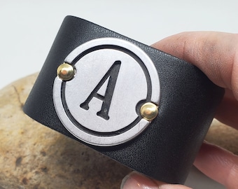 Initial A Cuff Bracelet - Upcycled Letter A Vintage Round Vintage Locker Plate Bracelet - Personalized Black Leather Cuff - Letter A Jewelry