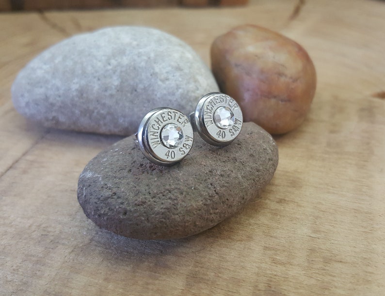 Bullet Jewelry - Bullet Studs - DIAMOND Bullet Earrings - BEST QUALITY - April Birthday - Other Crystal Options - SureShot Jewelry 