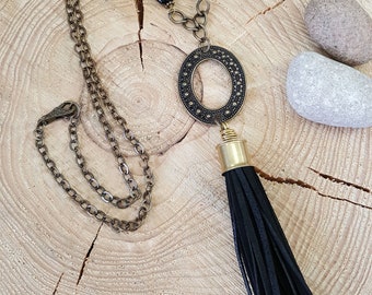 Long Black & Brass Tassel Necklace - Vintage Brass Belt Link, Black Onyx Beads and 20 Gauge Suede Lace Tassel Necklace
