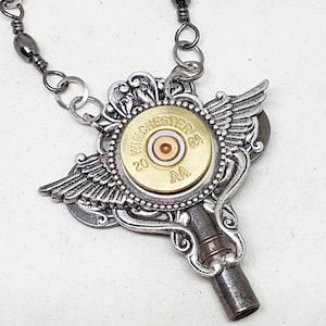 Winged Jewelry Bullet Jewelry Steampunk Style Necklace 20 Gauge Shotshell Winged Skeleton Key Necklace Biker Girl Ammo Jewelry image 4