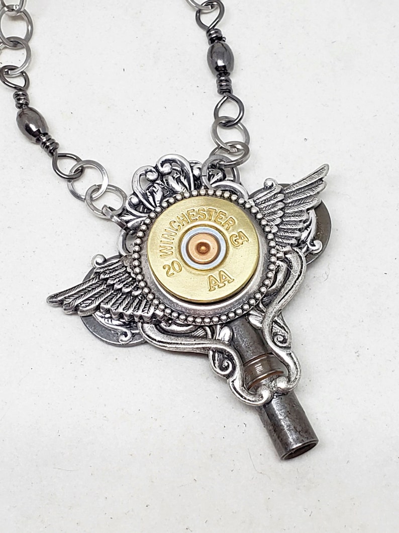 Winged Jewelry Bullet Jewelry Steampunk Style Necklace 20 Gauge Shotshell Winged Skeleton Key Necklace Biker Girl Ammo Jewelry image 4