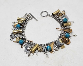 Country Western Cowgirl Boho Style Mixed Metal Loaded Bullet and Charm Bracelet - Sheriff Badges, Cowboy Boots, Steers, Guitars, Horseshoes