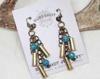 Bullet Jewelry - Turquoise Bullet Earrings - Triple 22 Caliber Brass Bullet Casing Turquoise Leverback Dangle Earrings - December Birthstone