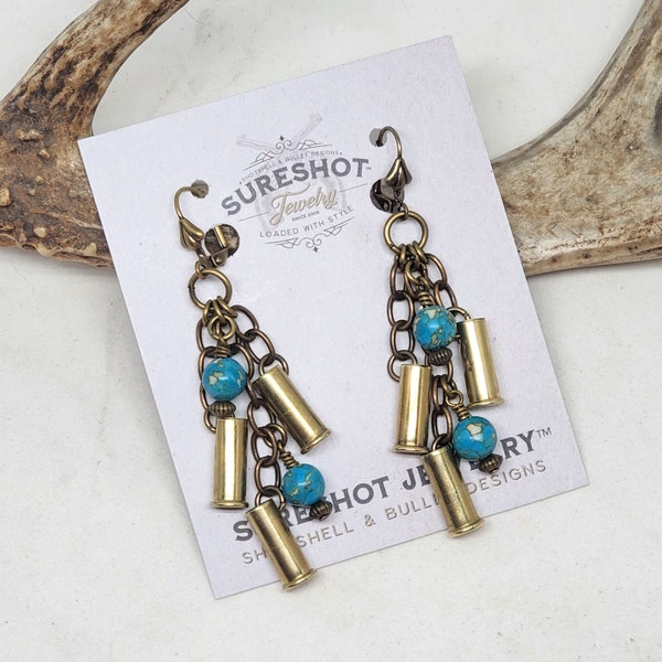 Bullet Jewelry - Turquoise Bullet Earrings - Triple 22 Caliber Brass Bullet Casing Turquoise Leverback Dangle Earrings - December Birthstone