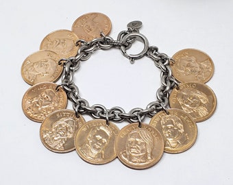 Coin Bracelet - Token Bracelet - Legends of the Old West Collectible Franklin Mint Cowboy & Indian Coin Jewelry - Charm Bracelet