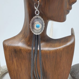 Concho Earrings - Western Jewelry - Antique Silver Oval Concho w/Turquoise Fringe Earrings - Leather Earrings - Boho Cowgirl Style Jewelry