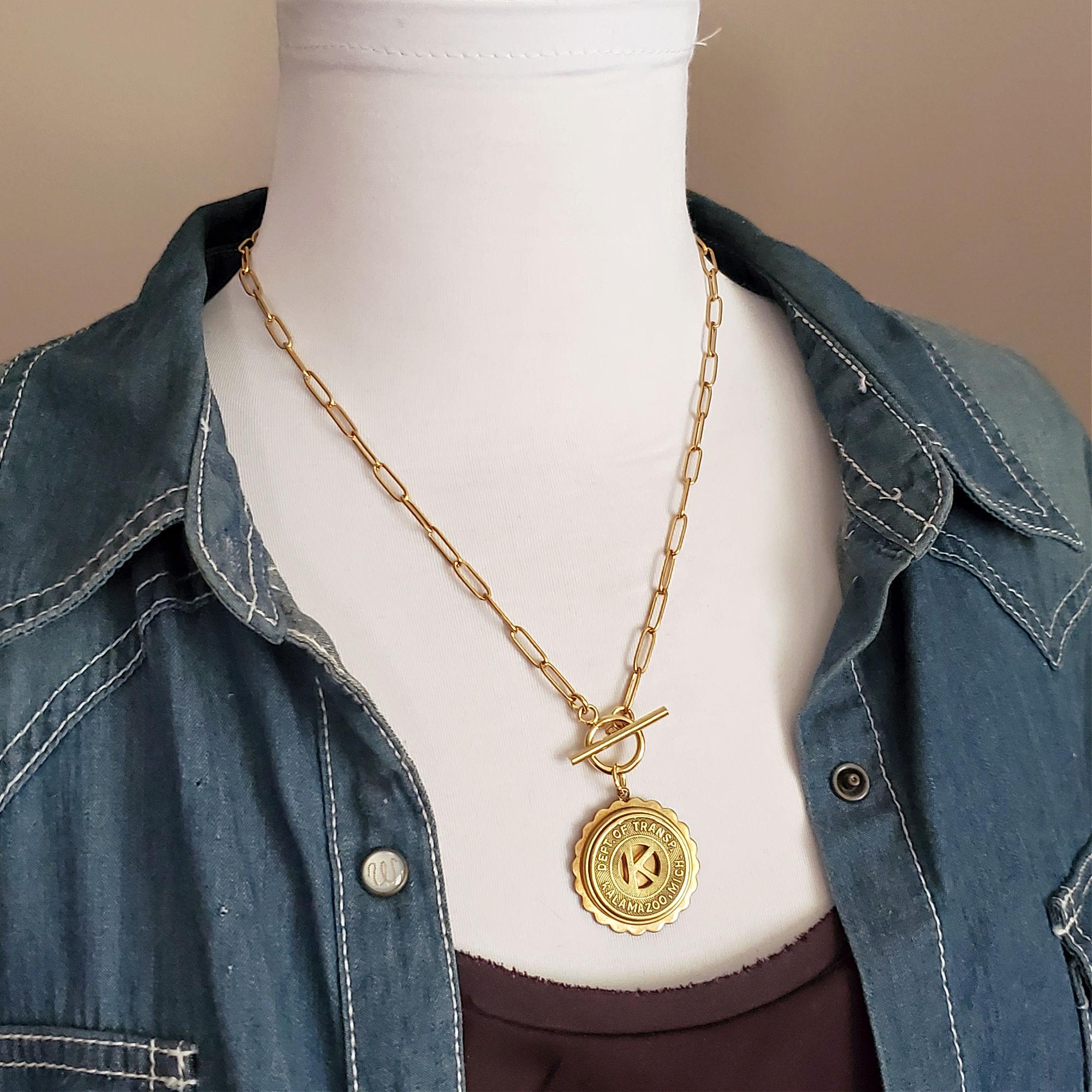 Initial K Gold Paperclip Chain Necklace Coin Jewelry Vintage