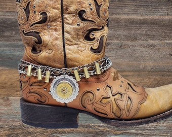 Boot Jewelry - Ladies Boot Accessories - Boot Candy - Bullet Jewelry - 12 Gauge Shotgun Casing Concho Medallion Multi-Chain Boot Bracelet
