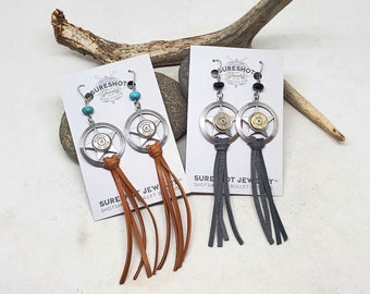 Bullet Earrings - Bullet Jewelry - Western Boho - Lone Star and Turquoise or Black Beaded Leather Fringe Earrings - 2 Styles to Choose From