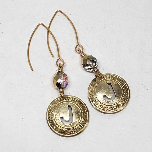 Personalized Jewelry - Transit Token Jewelry - Coin Earrings - Initial J - Vintage Junction City Kansas Token Earrings - Aurora Borealis