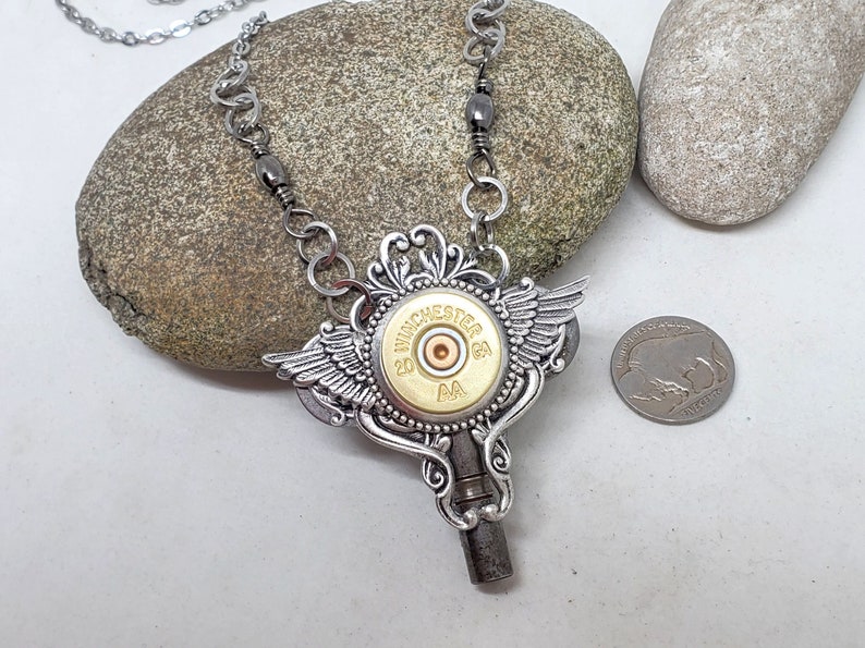 Winged Jewelry Bullet Jewelry Steampunk Style Necklace 20 Gauge Shotshell Winged Skeleton Key Necklace Biker Girl Ammo Jewelry image 1