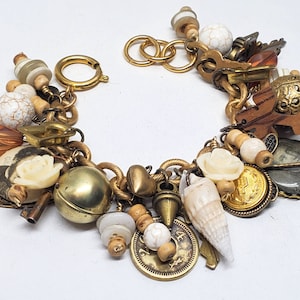 Charm Bracelet - Upcycled Vintage Assemblage Bracelet - Neutral & Gold Tone Charms Beaded Bracelet - Poet Alexander Pushkin Vintage Pinbacks