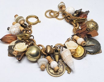 Charm Bracelet - Upcycled Vintage Assemblage Bracelet - Neutral & Gold Tone Charms Beaded Bracelet - Poet Alexander Pushkin Vintage Pinbacks