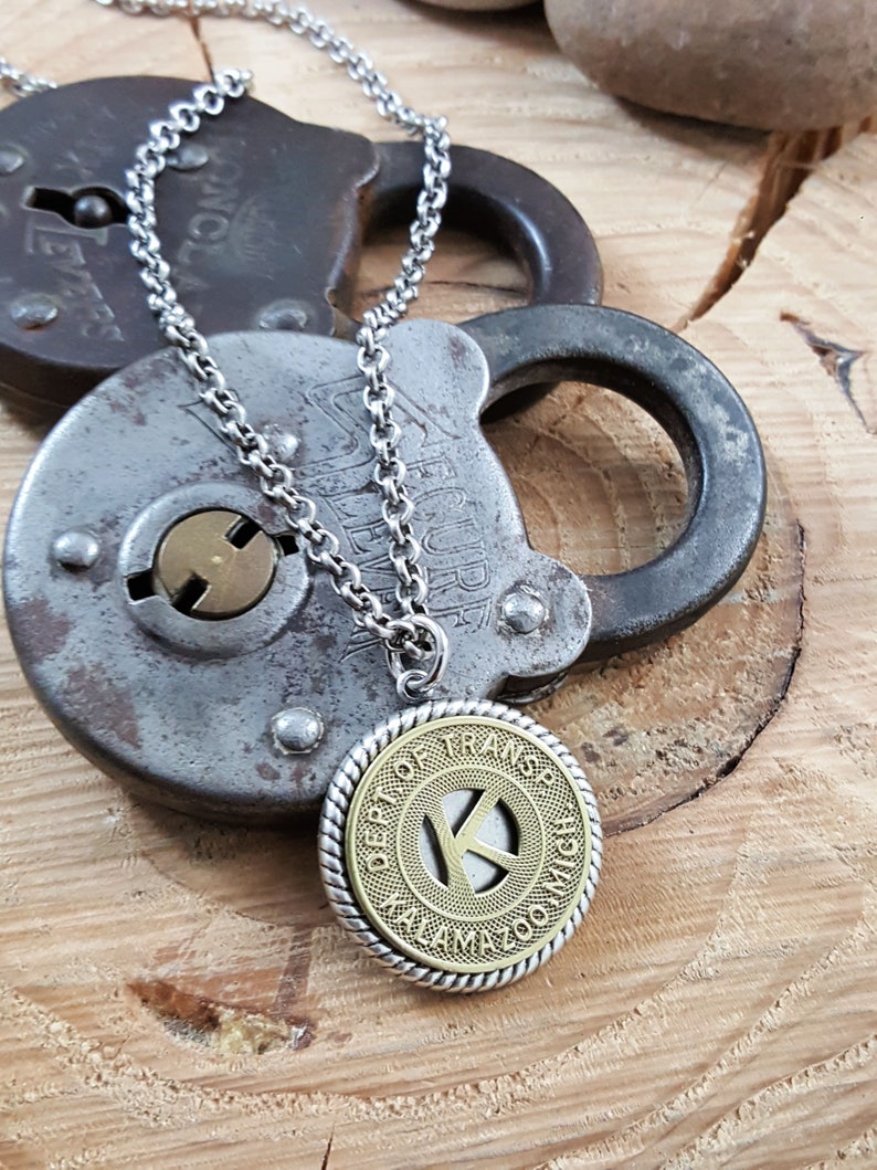 Vintage Kalamazoo Michigan Bus or Subway Token Medallion Necklace Initial K Transit Token Coin Necklace Letter Jewelry Coin Jewelry