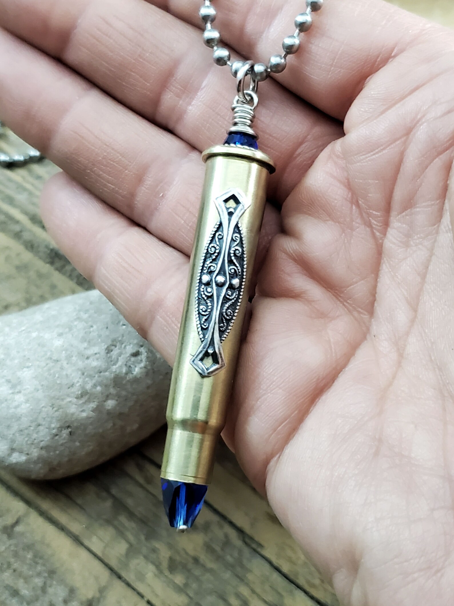 Rifle Casing Filigree and Sapphire Long Bullet Necklace Etsy