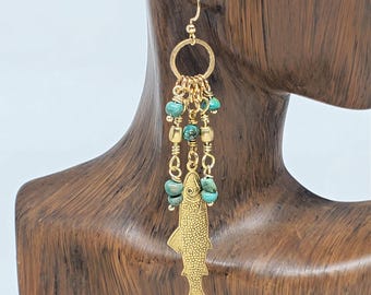 Gold Fish Earrings Turquoise Beaded Dangle Fish Jewelry Fishing Theme Trout Pendant Modern Boho Earrings for Her Outdoor Theme Nautical