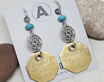 Upcycled Dog License Tag Earrings - Brass & Turquoise Hexagon Shape Franklin New Hampshire Dog Tag Earrings - 1967 - Gold Disc Earrings