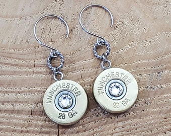 Shotgun Jewelry - Bullet Jewelry - 28 Gauge Shotshell Stainless Dangle Earrings - Skeet - Trap - Waterfowl Hunting - Huntress Jewelry