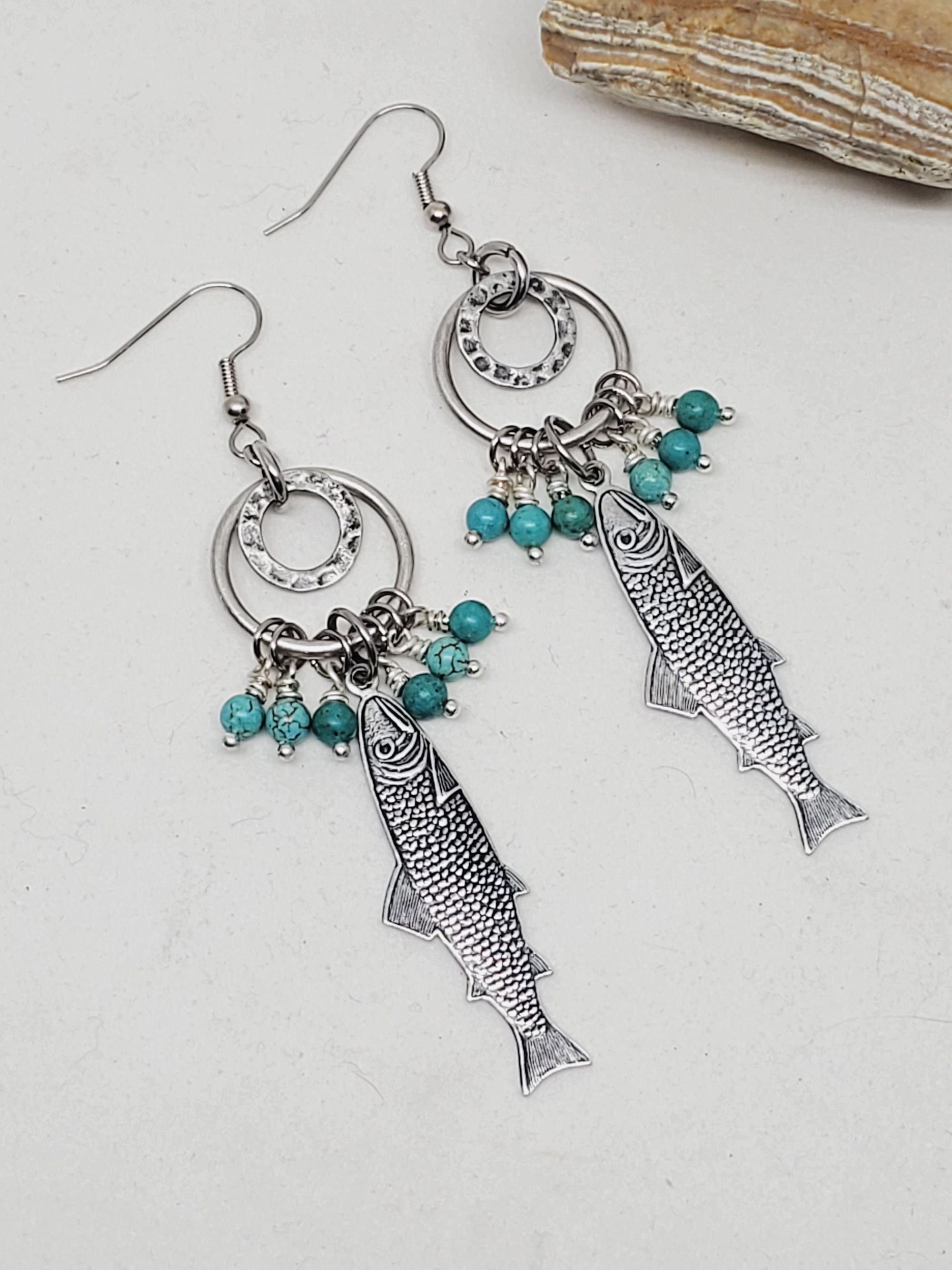 ターコイズジュエリー - 釣りテーマ - 魚のイヤリング - アンティーク 