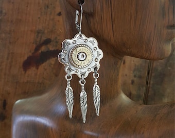 Bullet Jewelry - Southwest Style Concho with Feather Charm Lever Back Bullet Earrings - BEST SELLER! - Boho, Western - SureShot Jewelry