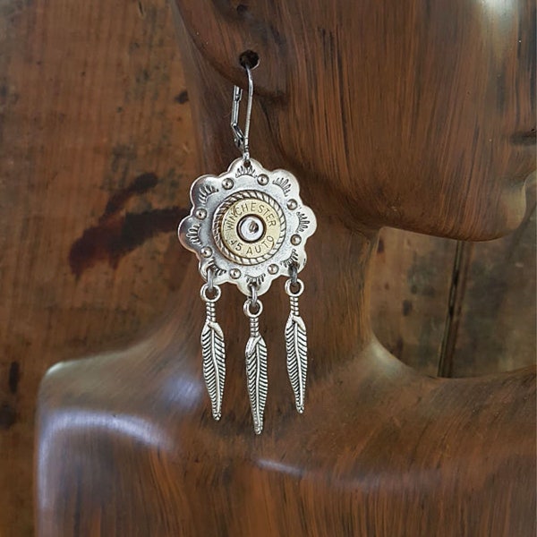 Bullet Jewelry - Southwest Style Concho with Feather Charm Lever Back Bullet Earrings - BEST SELLER! - Boho, Western - SureShot Jewelry