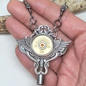 Winged Jewelry Bullet Jewelry Steampunk Style Necklace 20 Gauge Shotshell Winged Skeleton Key Necklace Biker Girl Ammo Jewelry image 3