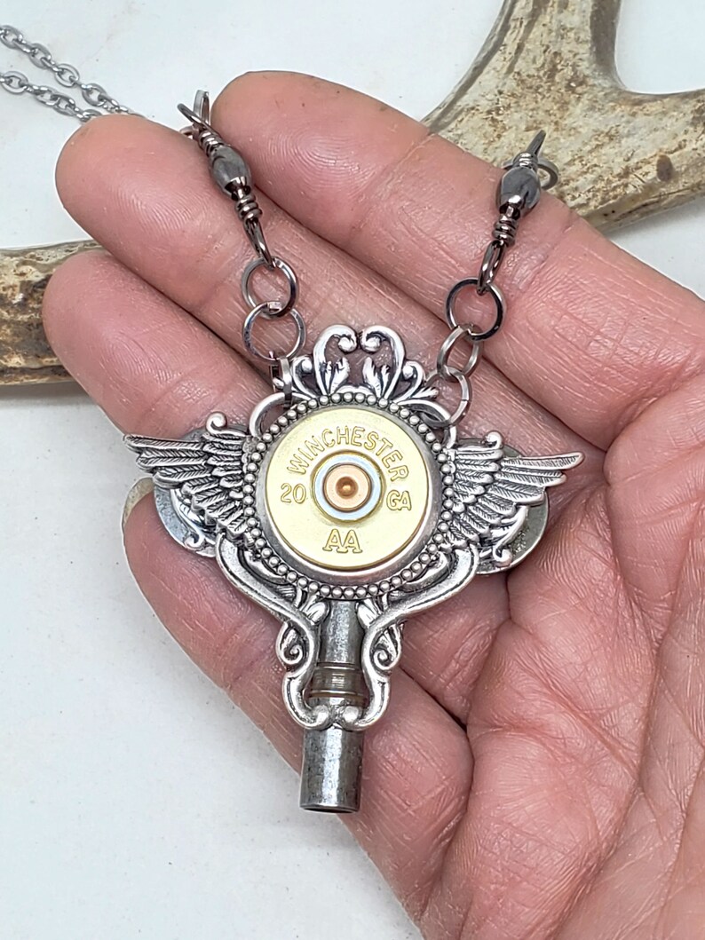 Winged Jewelry Bullet Jewelry Steampunk Style Necklace 20 Gauge Shotshell Winged Skeleton Key Necklace Biker Girl Ammo Jewelry image 3