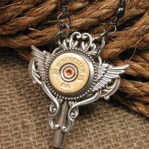 Winged Jewelry Bullet Jewelry Steampunk Style Necklace 20 Gauge Shotshell Winged Skeleton Key Necklace Biker Girl Ammo Jewelry image 7