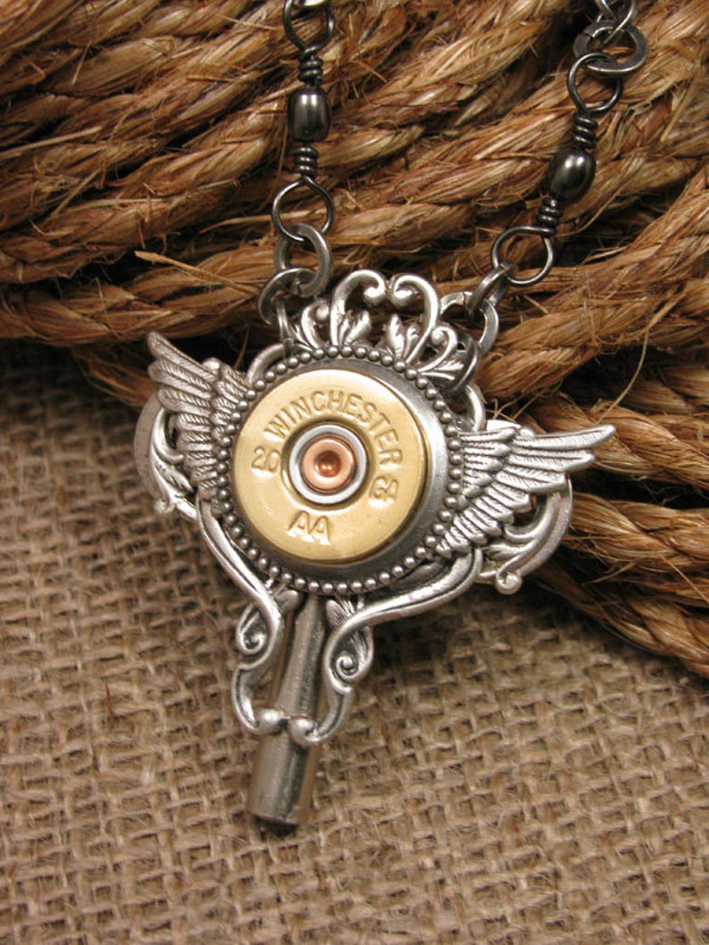 Winged Jewelry Bullet Jewelry Steampunk Style Necklace 20 Gauge Shotshell Winged Skeleton Key Necklace Biker Girl Ammo Jewelry image 7