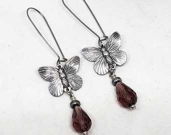 Butterfly & Amethyst Kidney Wire Dangle Earrings - February Birthday - Cute Earrings - Insects - Butterfly Kisses - Purple Teardrop Earrings