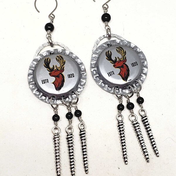 Bottlecap Jewelry - Upcycled SILVER Buck Head Bottlecap Spike & Black Onyx Beaded Dangle Earrings - Huntress Jewelry - Deer Antler Jewelry