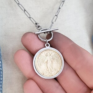 Guardian Angel Coin Necklace - Paperclip Chain Toggle Necklace - Coin Jewelry - BEST SELLER! - Inspirational Gift - Religious Gift Idea - Key of A Upcycled Jewelry