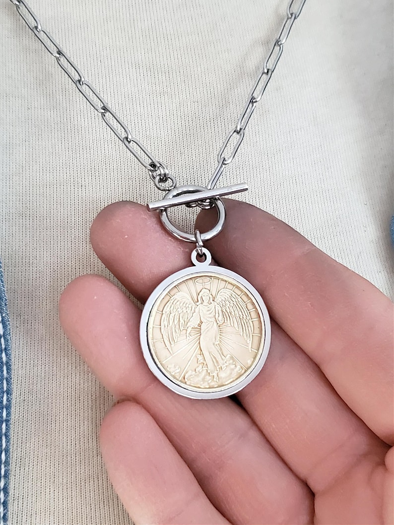 Guardian Angel Coin Necklace - Paperclip Chain Toggle Necklace - Coin Jewelry - BEST SELLER! - Inspirational Gift - Religious Gift Idea - Key of A Upcycled Jewelry