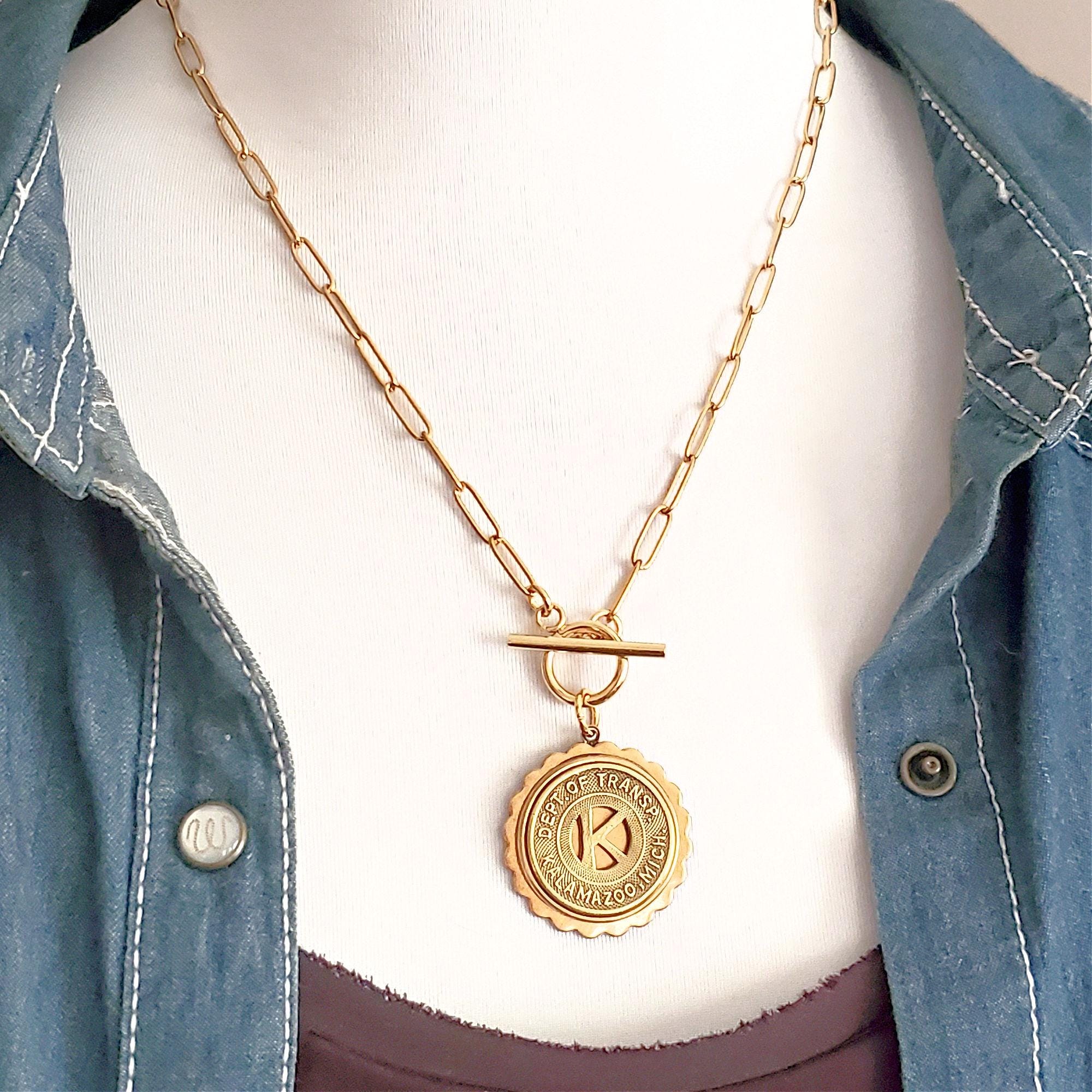Initial K Gold Paperclip Chain Necklace Coin Jewelry Vintage