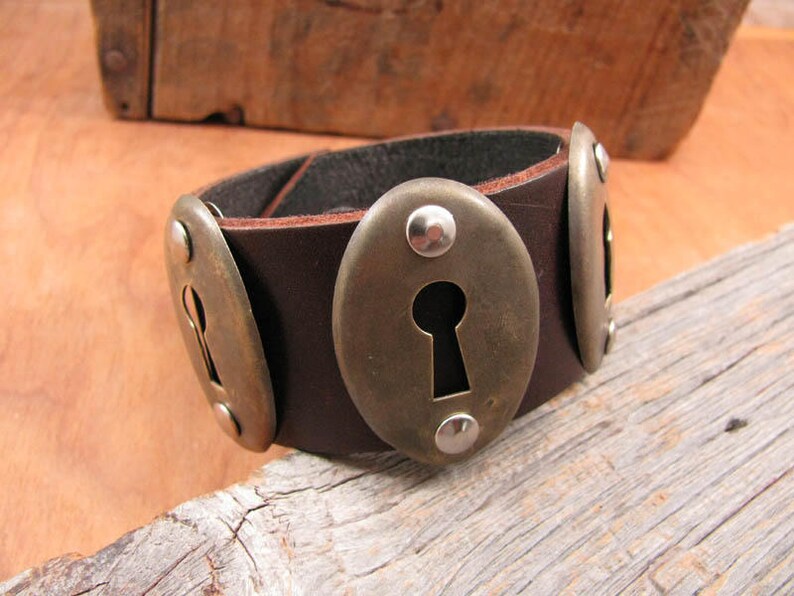 SPECIAL 20/% OFF Repurposed Door Hardware Boho Style Leather Cuff Bracelet Triple Vintage Keyhole Escutcheon Brown Cuff Bracelet