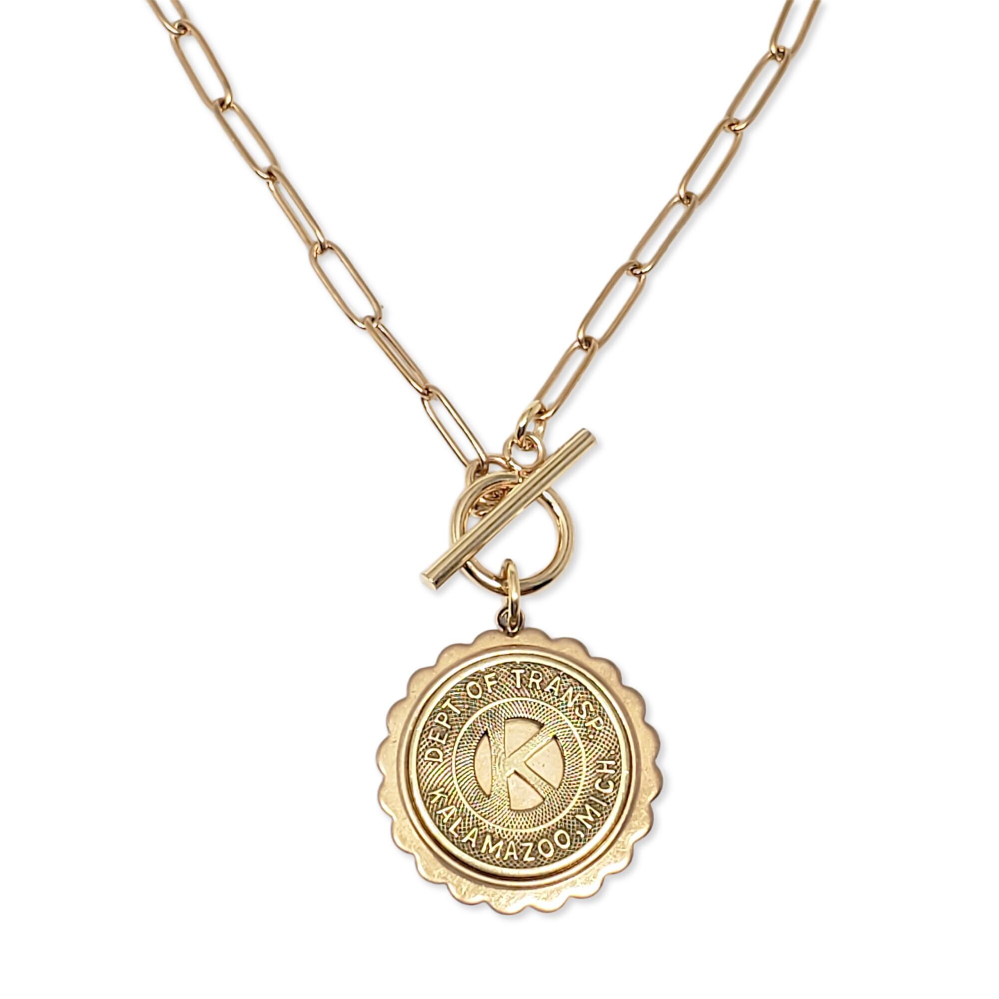 Initial K Gold Paperclip Chain Necklace Coin Jewelry Vintage