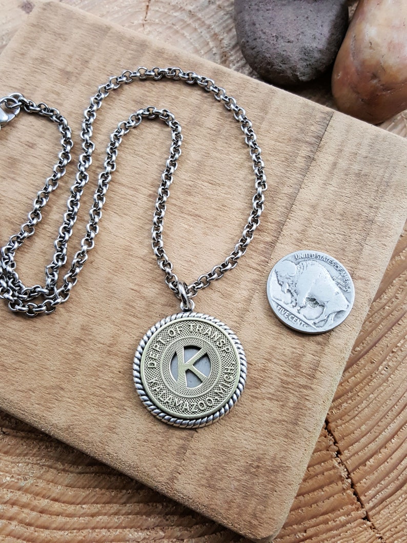 Vintage Kalamazoo Michigan Bus or Subway Token Medallion Necklace Initial K Transit Token Coin Necklace Letter Jewelry Coin Jewelry