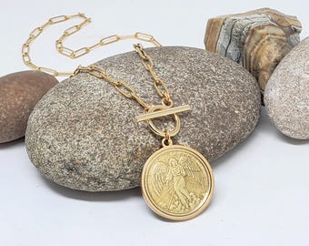 Guardian Angel Paperclip Chain Coin Necklace - Gold Toggle Necklace - Coin Jewelry - BEST SELLER! - Inspirational Gift - Religious Gift Idea