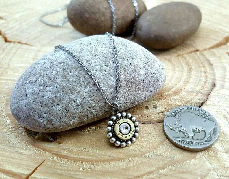 Bullet Jewelry - Minimal Jewelry - Petite Beaded Bezel Bullet Necklace - Dainty Necklaces - Girl's Bullet Necklace - Valentine Gift for Her - Tiny Bullet Pendant - 32 Auto Bullet Casing - SureShot Jewelry - Shotshell & Bullet Designs