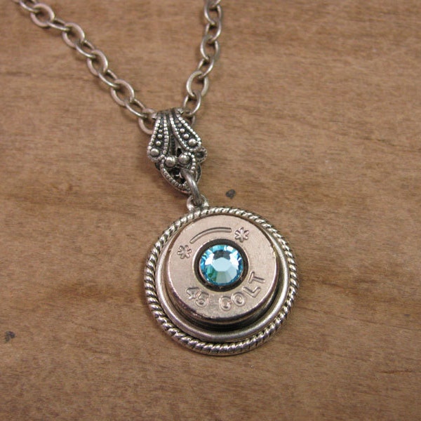 Bullet Jewelry - Nickel 45 Auto Single Bullet Casing Pendant Necklace with Aqua Swarovksi Crystal