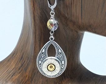 Bullet Earrings - Bullet Jewelry - Antique Silver Open Teardrop Bullet Earrings with Aurora Borealis Beadwork - Jewelry with Bullets