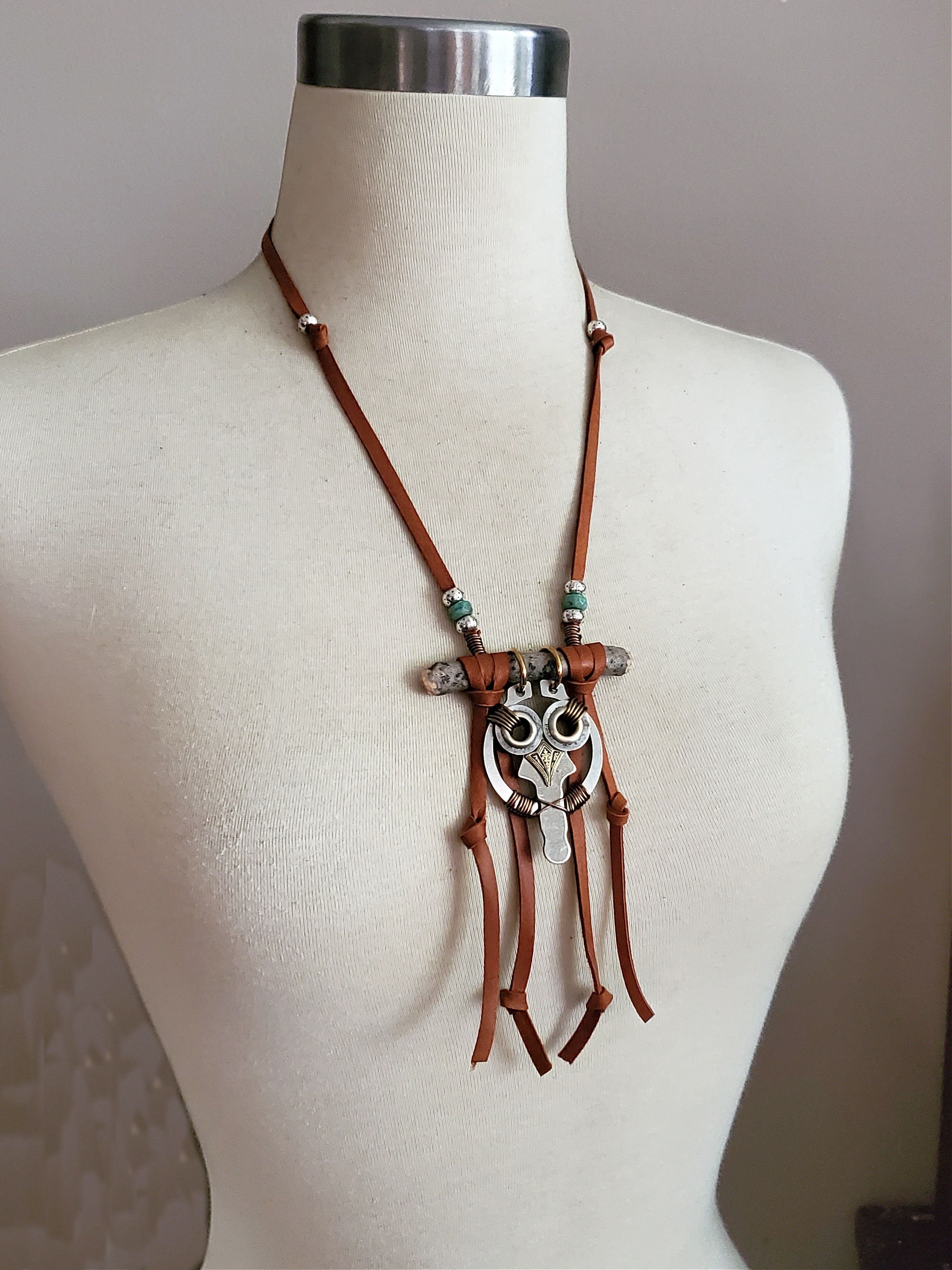 Owl Necklace - Upcycled Key Jewelry - Repurposed Key, Twig, C Clip Necklace - Rustic, Fall Leather N