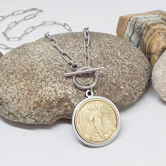 Guardian Angel Paperclip Chain Coin Necklace - Toggle Necklace - Coin Jewelry - BEST SELLER! - Inspirational Gift - Religious Gift Idea
