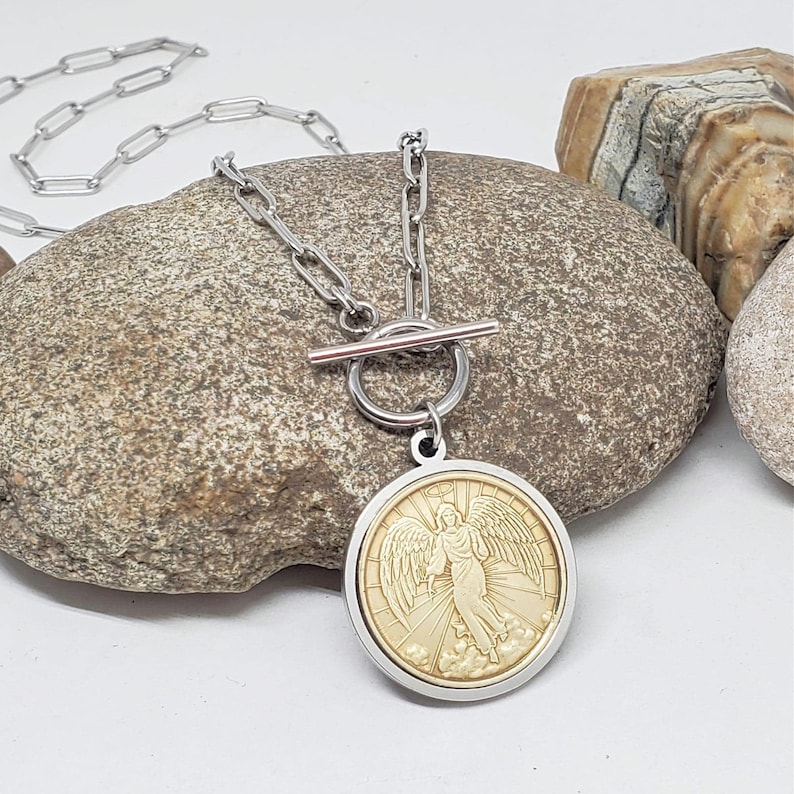 Guardian Angel Coin Necklace - Paperclip Chain Toggle Necklace - Coin Jewelry - BEST SELLER! - Inspirational Gift - Religious Gift Idea - Key of A Upcycled Jewelry
