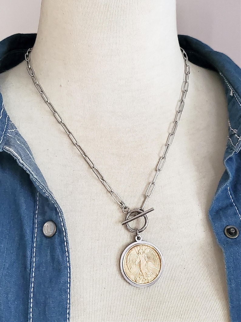 Guardian Angel Coin Necklace - Paperclip Chain Toggle Necklace - Coin Jewelry - BEST SELLER! - Inspirational Gift - Religious Gift Idea - Key of A Upcycled Jewelry