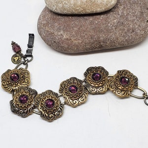 Purple Amethyst Button Jewelry - Upcycled Vintage Button Bracelet with Amethyst Crystals & Antique Brass - February Birthday Gift