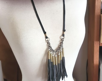 Bullet Jewelry - Fringe Necklace - Tassel Jewelry - .22 WMR (Magnum) Beaded Gray Leather Fringe or Tassel Adjustable Bullet Necklace