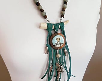Western Style Fringe Necklace - Vintage ROY ROGERS Cowboy Actor Pin,  Antler, Turquoise Leather, Pistol, Bullet Casing Boho Style Necklace